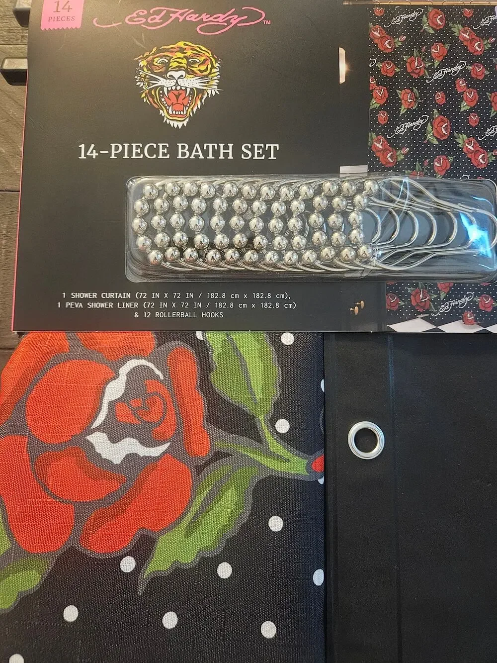 Ed Hardy 14 piece shower curtain set black red roses NWT Liner curtain and hooks